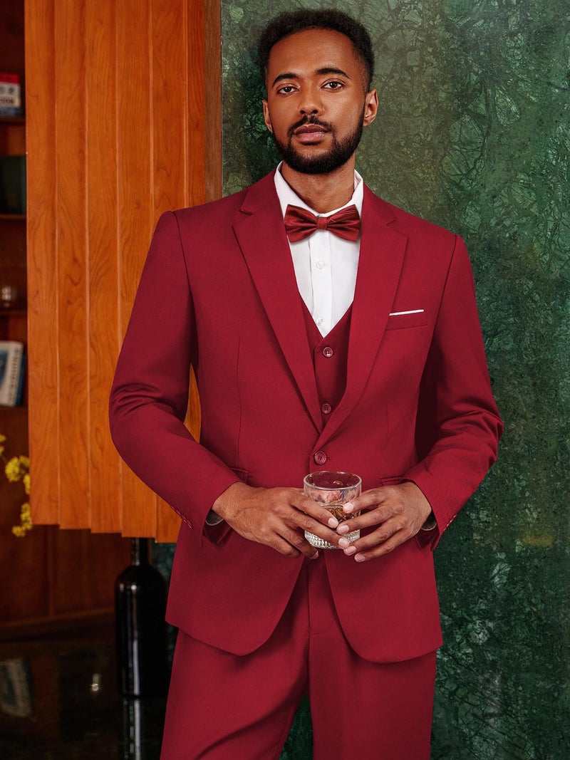 MAGE MALE Men's 3 Pieces Suit Elegant Solid One Button Slim Fit Single Breasted Party Blazer Vest Pants Set Red - Image 2